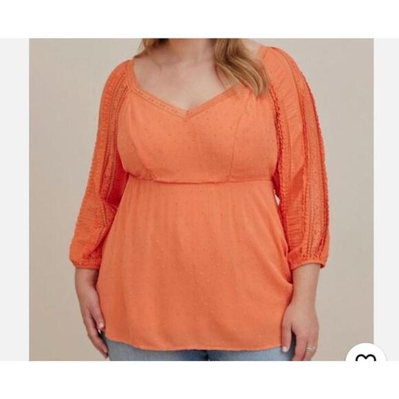 torrid Tops - Torrid Orange Swiss Dot Lace Detail 3/4 Sleeve Tunic Blouse Size 1